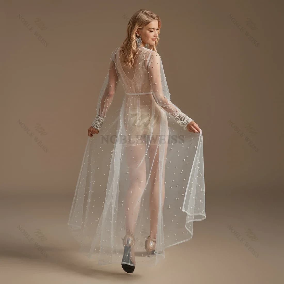 Pearl Wrist Long Sleeve Wedding Jacket Tulle Robe Party Shawl BOLERO Floor-Length Bridal Cape Sexy Pearsl Long Coat Customized