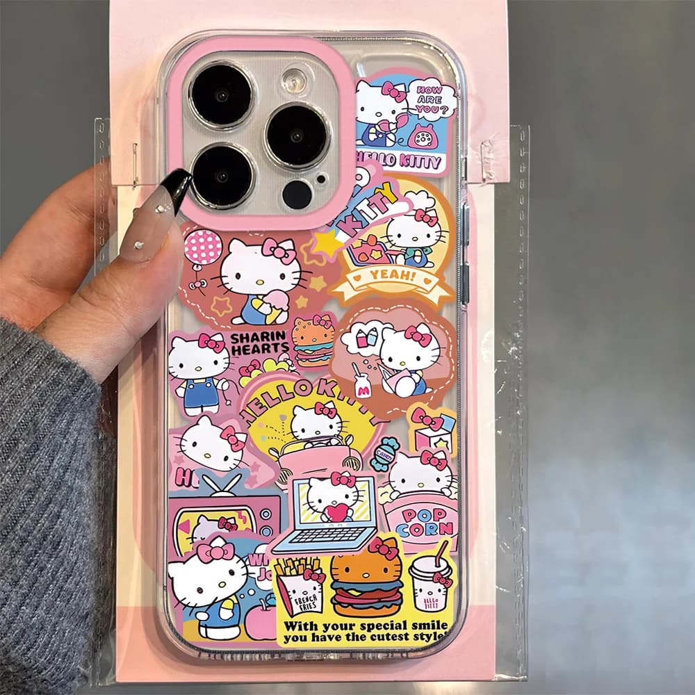 Cute Sticker Labels Hello Kitty Phone Case For Oppo  A16 A53 A55 A60 A72 A76 A78 A92 A92S A74 A97 A98 Pro 5G Transparent Cover