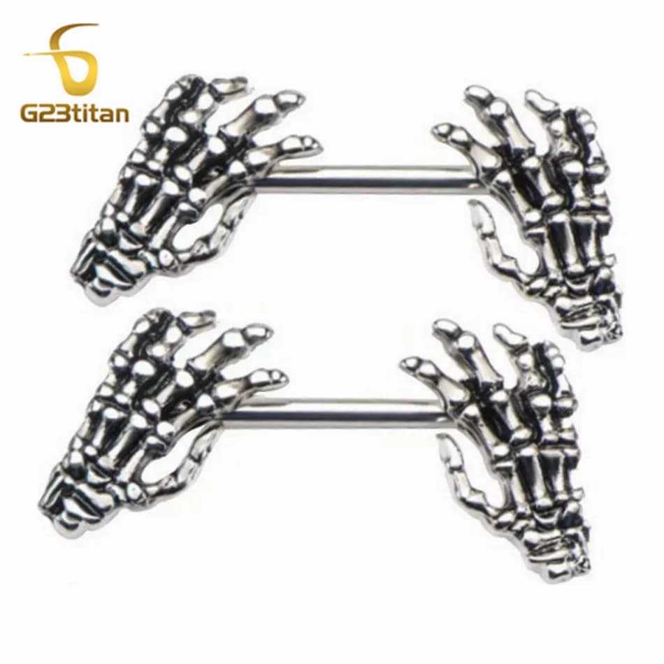 Women Men Nipple Ring Demon Claw Skeleton Hand Design 14G Surgical Titanium Steel Barbell Punk Gothic Body Piercing Jewelry 2pcs