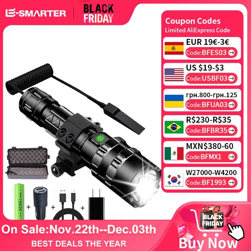 LED Tactical Hunting Flashlight USB Rechargeable Waterproof Torch Lamp Professional Shooting Night Scout Flashlights Lights Set