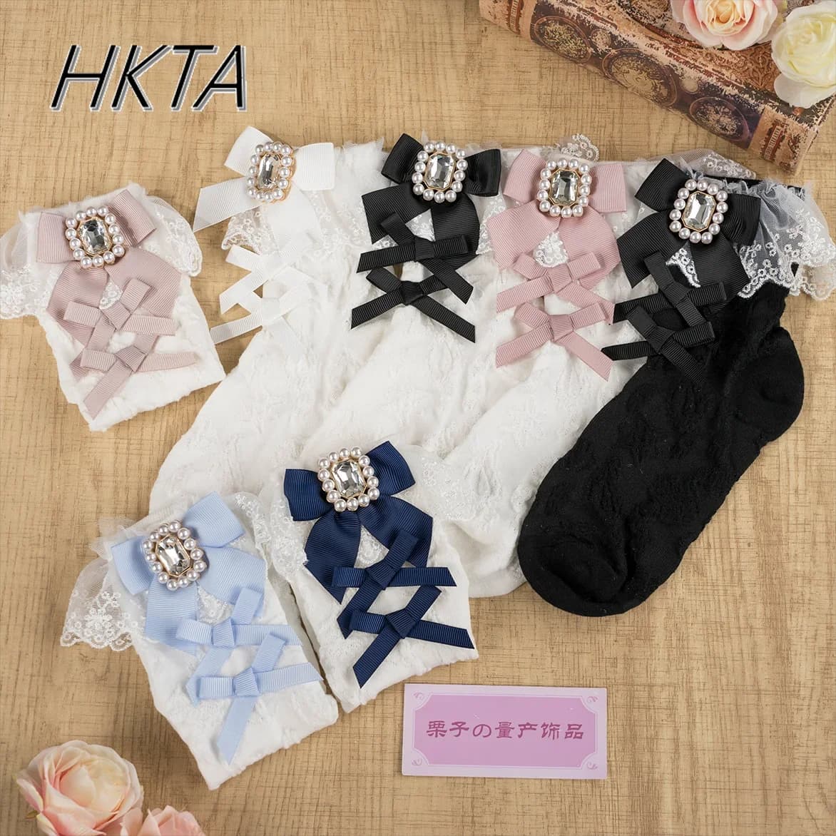 Japanese Girl Mass-produced Square Diamond Gem Bow Socks Women's Sweet Lace Lace Short Socks Black Cute Lolita White Socks