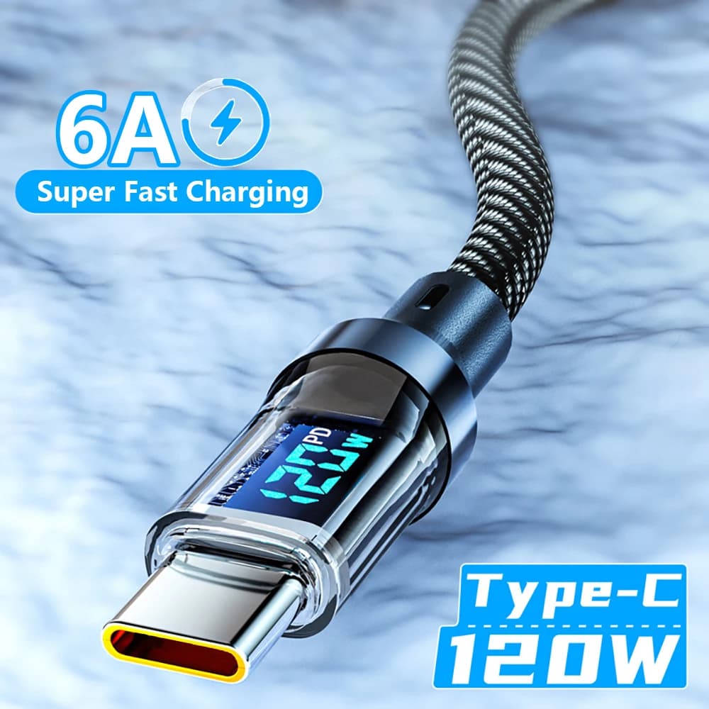 120W USB To Type C Cable Phone Super Fast Charging Cable With LED Display Data Cord For Xiaomi Redmi Samsung Huawei Honor 1M 2M