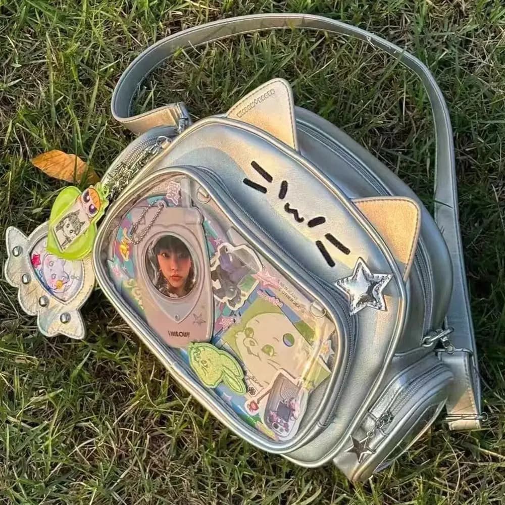 Y2K Korean Japan Kawaii Cat Itabag PU Cute Girls Transparent Pocket Aesthetic Shoulder Crossbody Bags Women's Fashion Backpacks