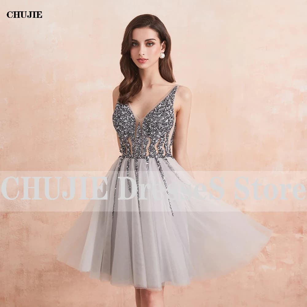 Sparkly Sequins Beaded Short Cocktail Dresses MIni Homecoming Dress Sexy V Neck Shiny Prom Gown robe de cocktail graduacion