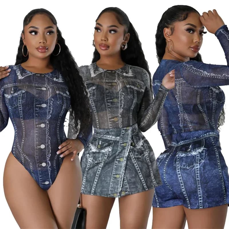Autumn New 3D Denim Print 2 Piece Sets Sexy Bodycon Sheer Mesh Jean Print Bodysuit Top and Irregular Shorts Skirts Women Outfits