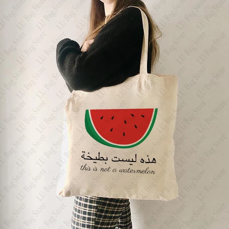This Is Not A Watermelon Magritte Parody Watermelon Pattern Tote Bag Peace Canvas Shoulder Bag Women's Reusable Shopping Bag