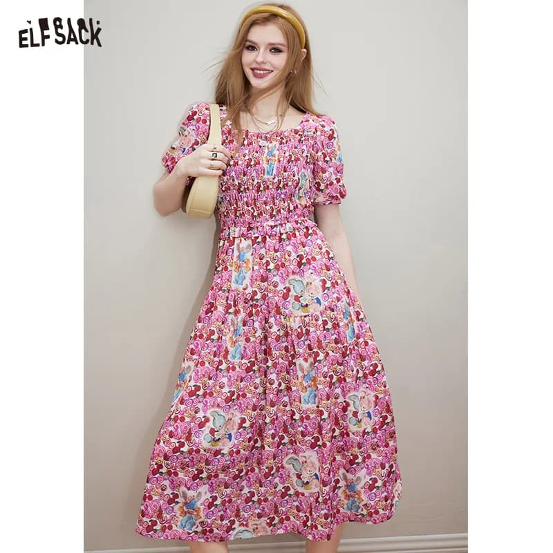 ELFSACK Palace style full print square neck dress for women in spring 2024, new design sense, waist cinching princess dress