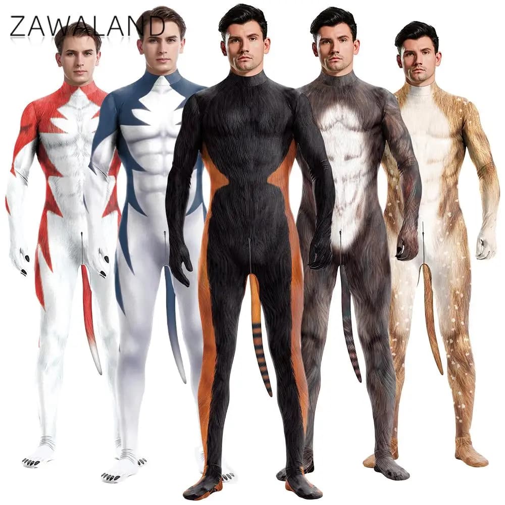 Zawaland Dog Puppy Men Petsuit with Tail Red Blue Husky Fancy Disguise Wear Halloween Deer Costumes Crotch Zipper Full Bodysuit