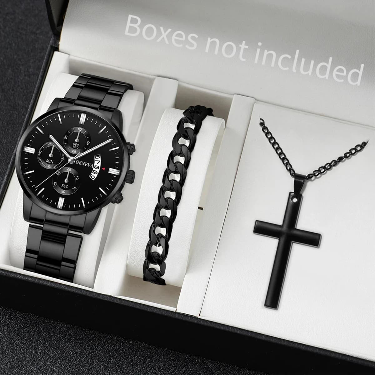 3PCS/Set Fashion Men's Stainless Steel Band Watch Casual Calendar Quartz Watch Jewelry Set（Without Box）