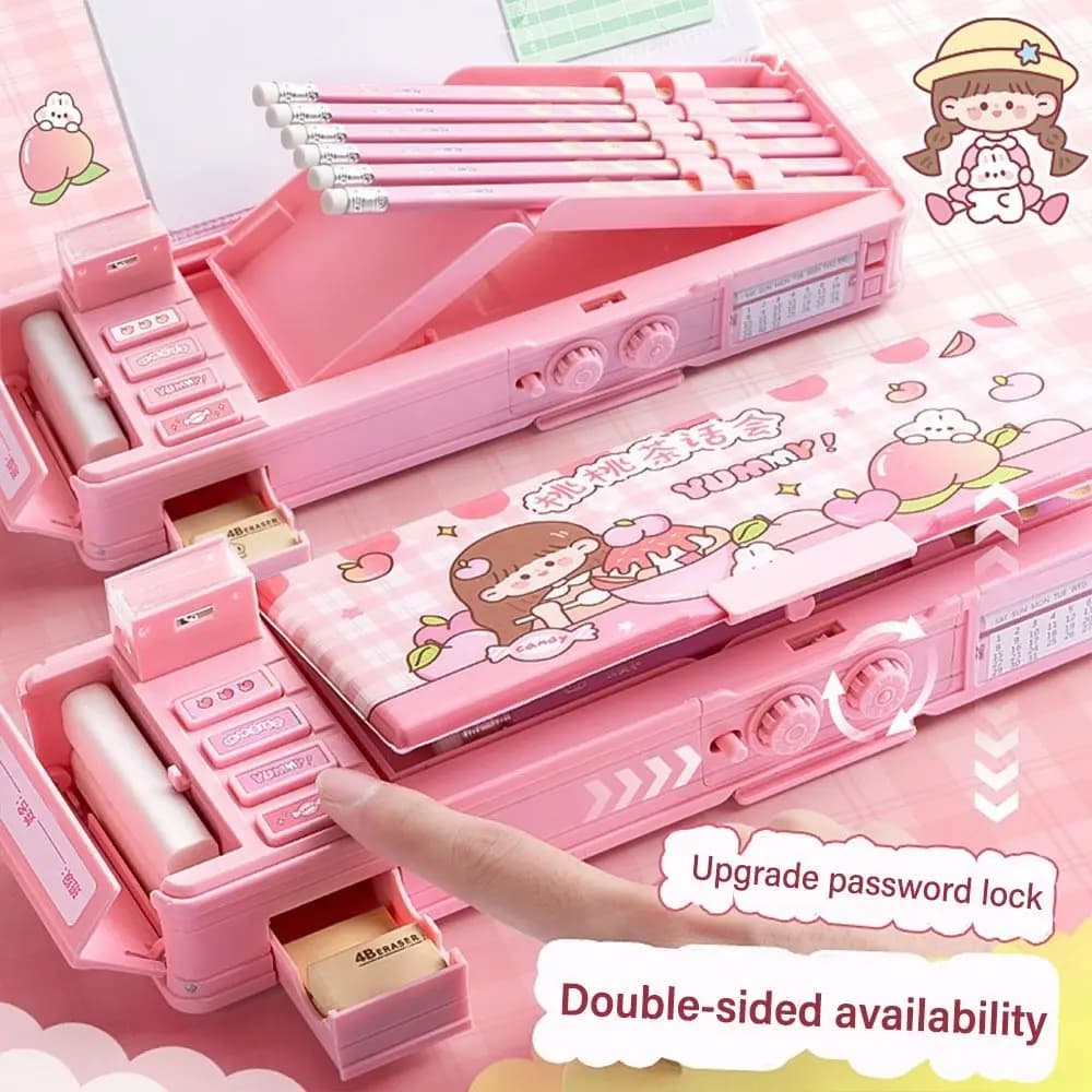 Double-layer Double Password Lock Pencil Case Students Multi-Functional Mechanism Pencil Box Stationery Storage Box