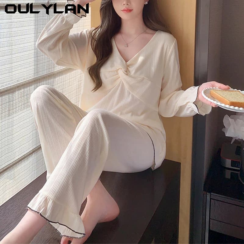 Autumn pajamas thin home wear pajamas cotton women's set spring sweet wind long sleeve trousers plus size women's pajamas