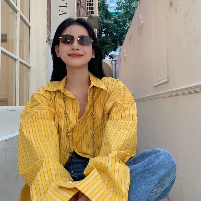 Unique Sun Protection Loose Shirt for Women, Perfect Versatile Top with Thin Yellow Stripes