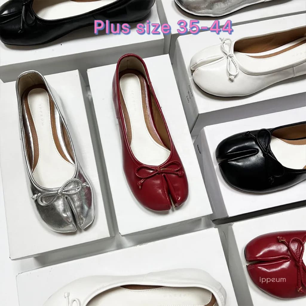 IPPEUM Split Toe Shoes Tabis Ballet Flats Women Black Leather Mary Janes Plus Size 44 Butterfly Knot Ballerinas Zapatos mujer