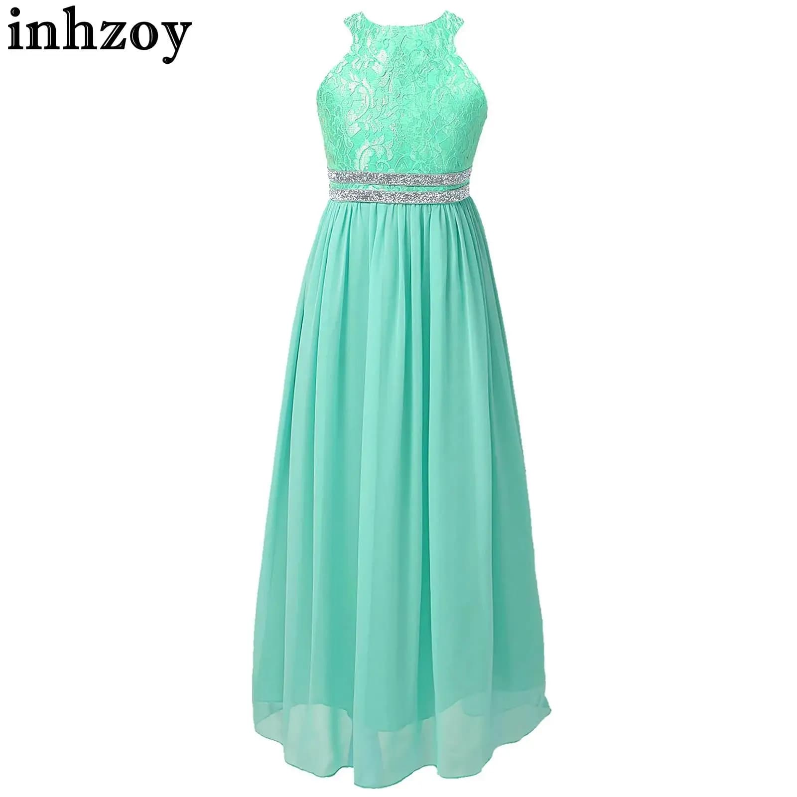 Teen Kids Girls Elegant Princess Dress Sleeveless Floral Lace Chiffon Dress Vestido Wedding Evening Birthday Party Prom Gown