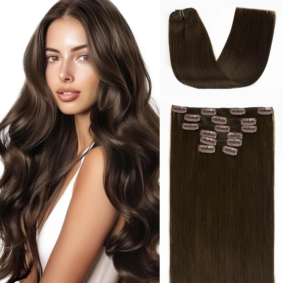 LOVELINE Dark Brown Clip In Hair Extensions Real Human Hair Extensions 20" 120g 7pcs  Soft Silky Straight Brown Hair Extensions