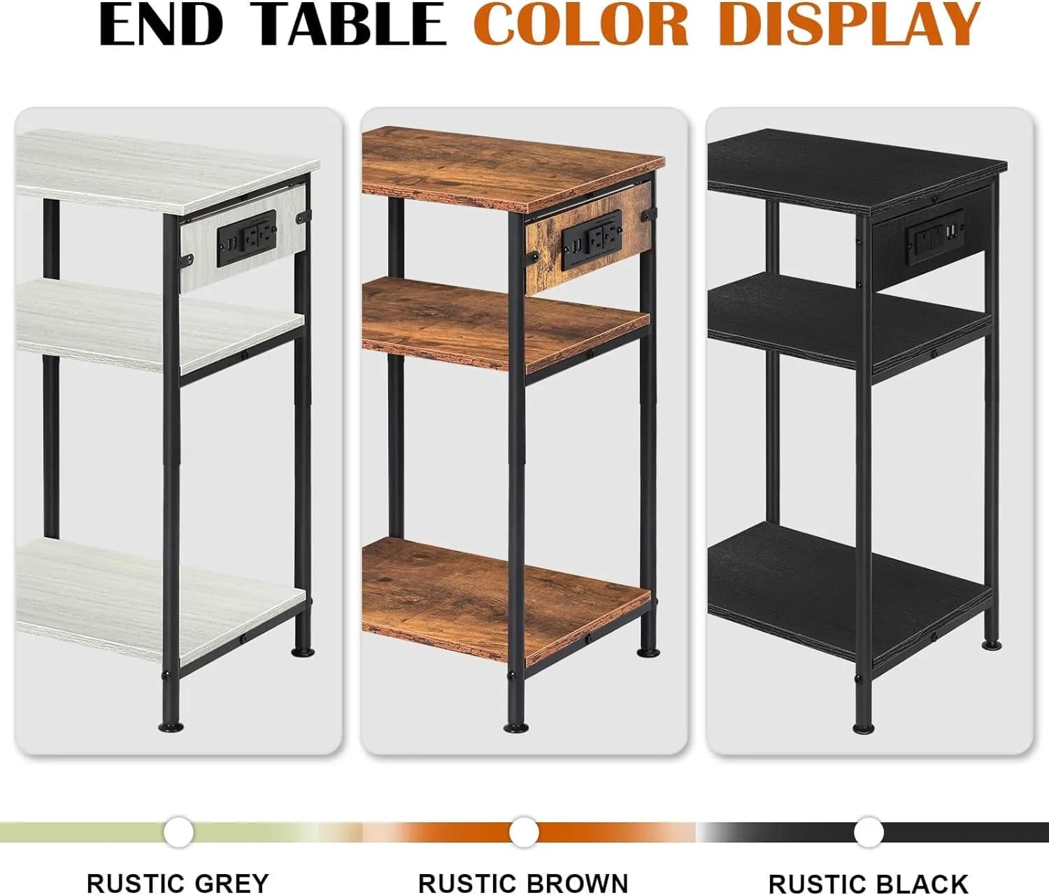 Living Room Side Table,3-Tier End Tables with USB Ports and Power Outlets,Bed Side Table/Night Stand,Small End Table