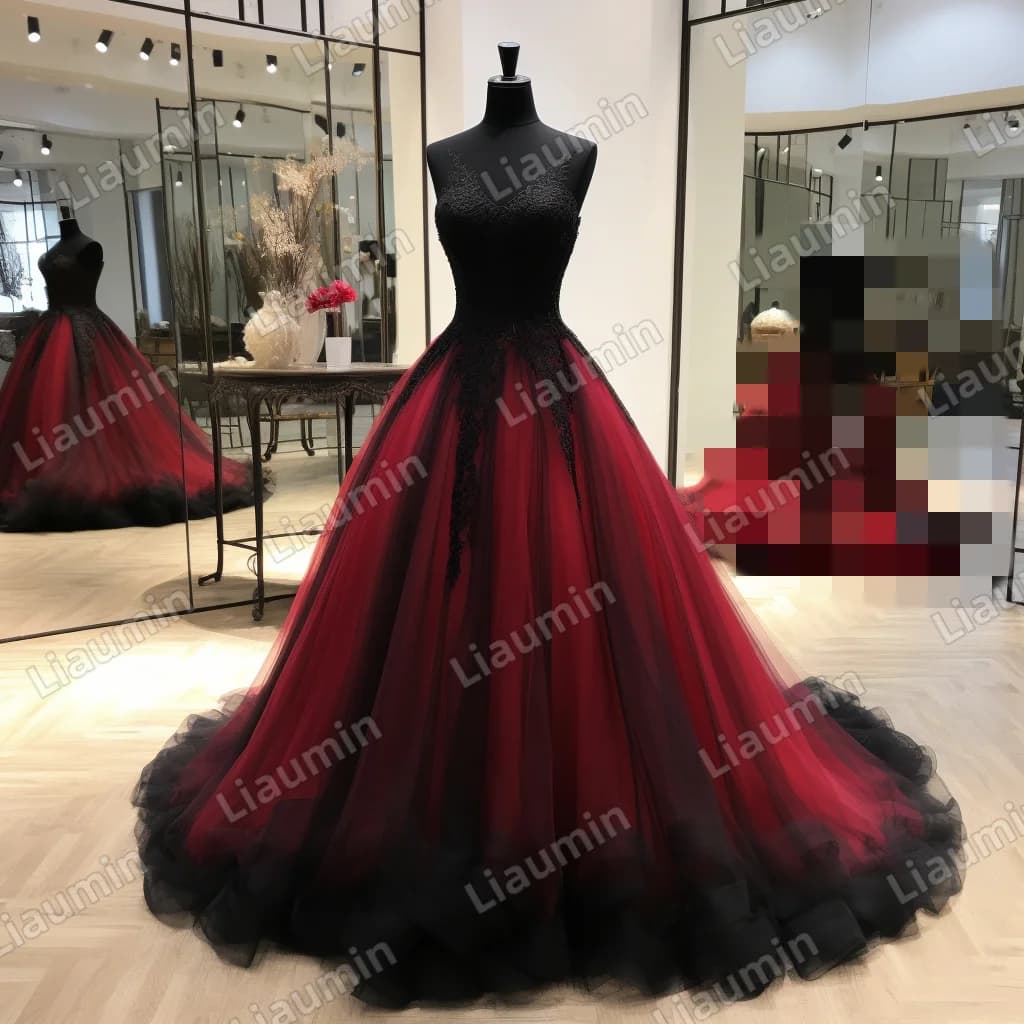 Red Tulle And Black Lace Applique Shoulder Strap Evening Prom Dress Brithday Party Formal Clothing Custom Hand Made New J2-5.4
