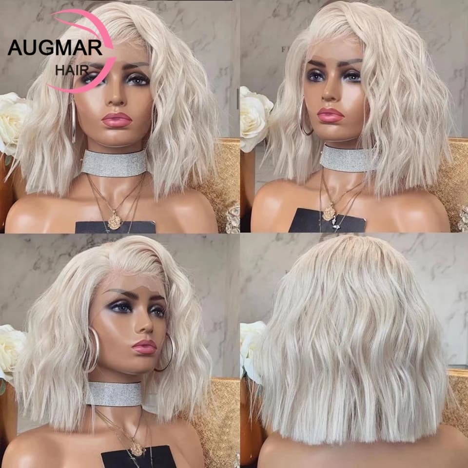 Side Part Platinum Blonde Bob Lace Front Wig Human Hair Short Wavy 13x4 13x6 HD Lace Frontal Wig Transparent Lace Wigs For Women