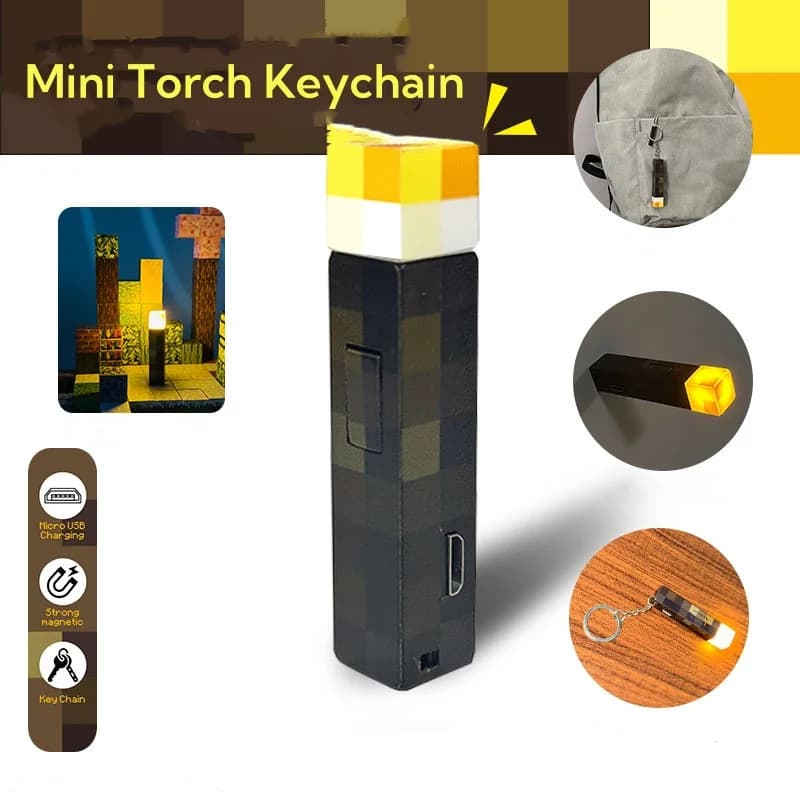 Gaming Theme My world Keychain Surrounding Torch LED Light USB Rechargeable Mini Torch Keychain Backpack Pendant Children Gifts