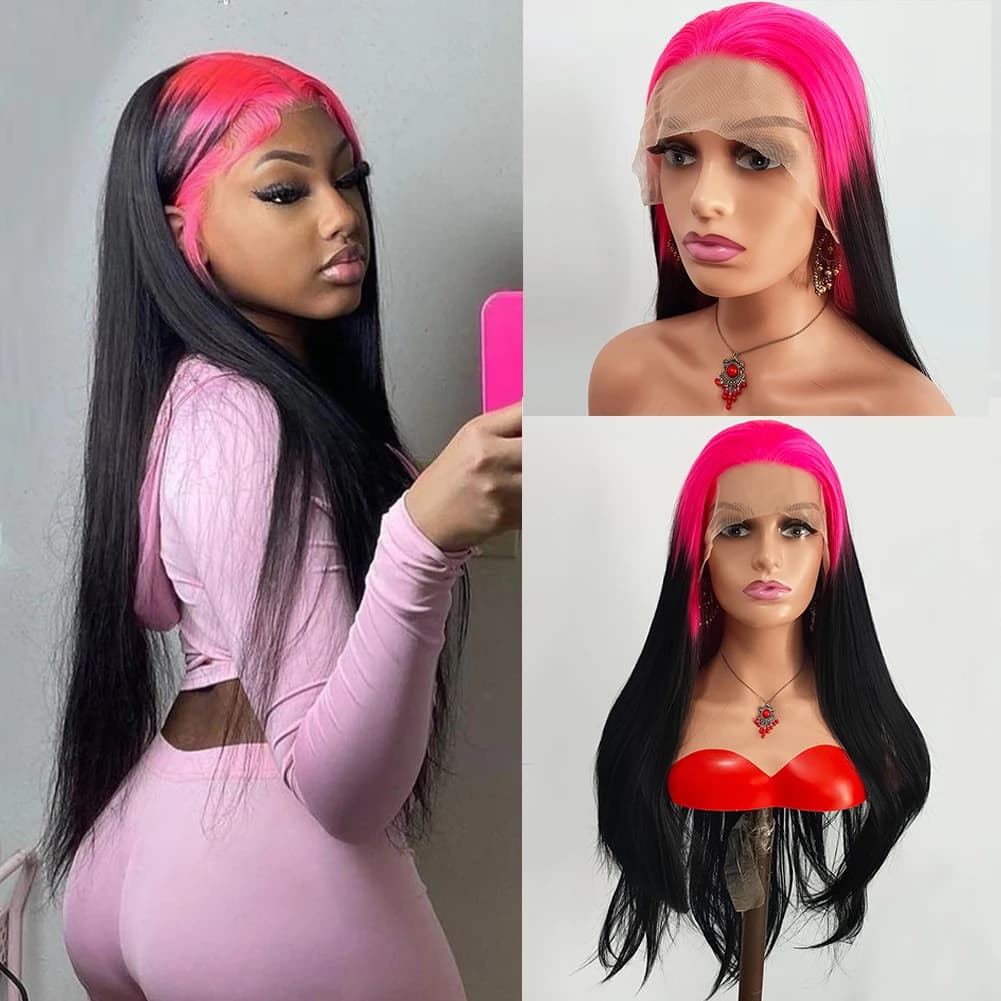 AIMEYA Ombre Straight Wig Synthetic Lace Wigs For Women Pre Plucked Hairline Lace Frontal Wig Wigs Heat Resistant Cosplay Wigs