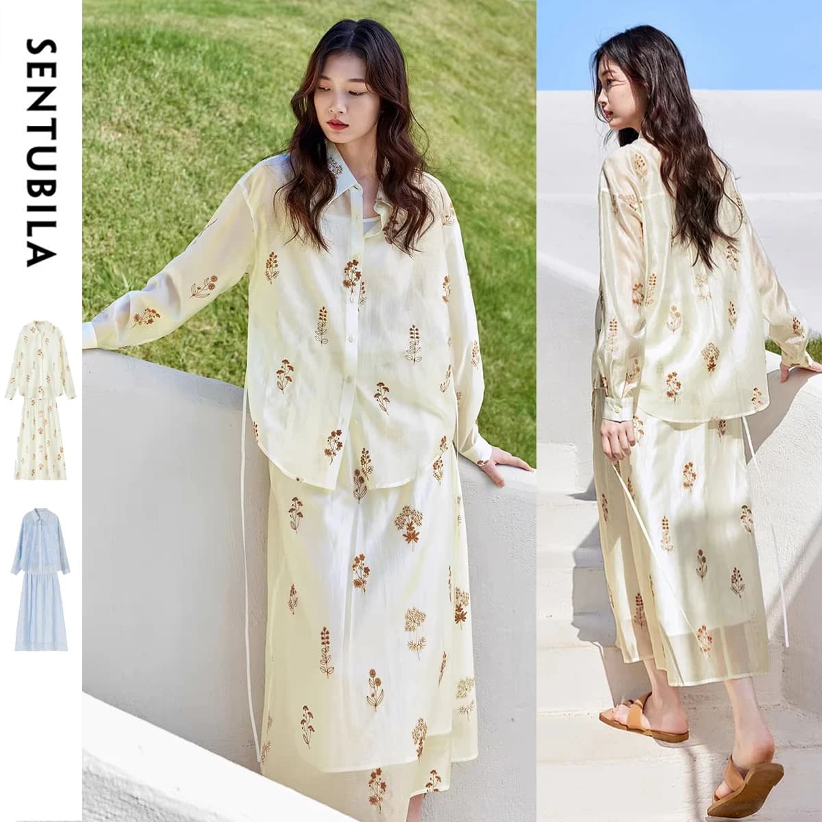 SENTUBILA Shirt Skirt Sets Women Outfit Loose Embroidery Lace Up Shirt Elastic Waist Skirt Lyocell New Match Sets 2025 151Z58161