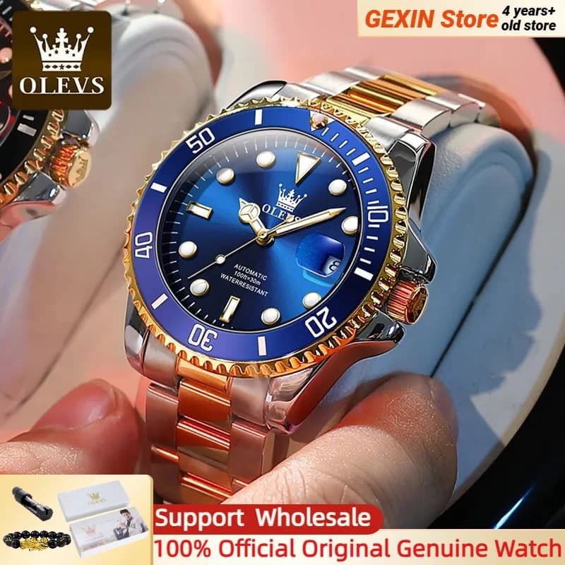 OLEVS Men's Automatic Mechanical Watch Rotatable Bezel Analog Wristwatch Diving Green Waterproof Business Man Watch Reloj Hombre