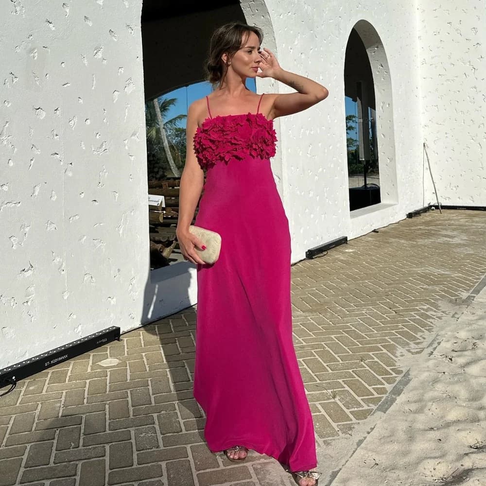 Customized High Quality Exquisite  Jersey Flower Wedding Party A-line Spaghetti Strap Bespoke Occasion Gown Long DressesEvening