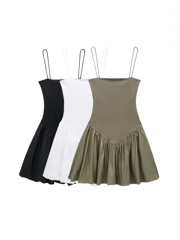 TRZA-Women's Patchwork Ribbed Poplin Puff Mini Dress, Straight Neck, Thin Straps, Female Dresses, Sexy Fashion