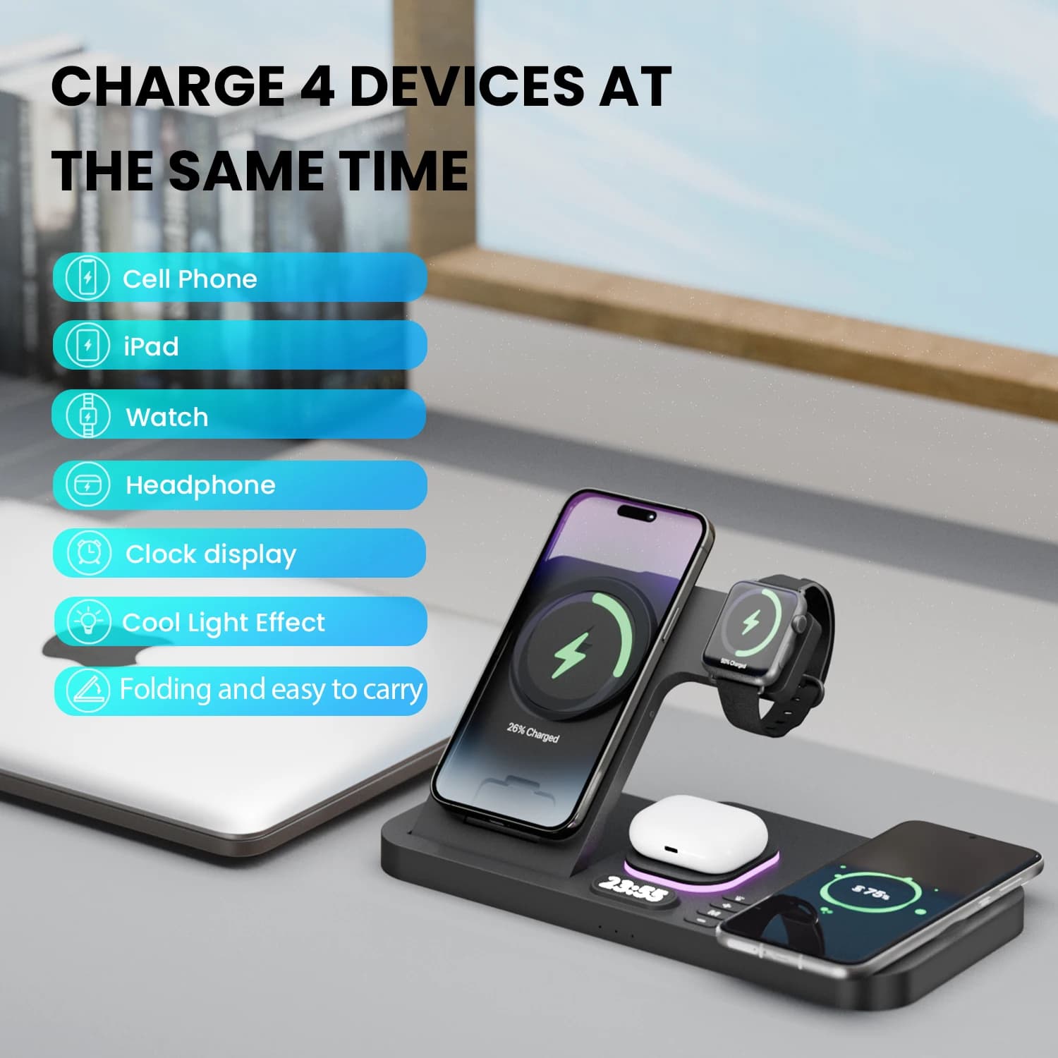 Birthday Gift Alarm Clock 6 in 1 Wireless Charger Station For Iphone Airpods Apple IWatch RGB Night Light Fast Charging Bracket