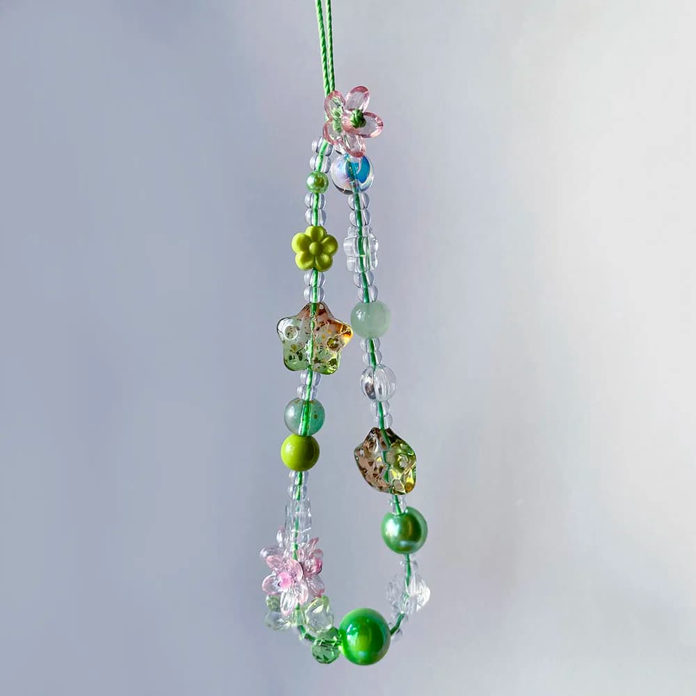 Green Phone Charm Strap Pink Sweet Flower Glass Star Beads Lanyard Keychain For Girl Women Schoolbag Camera Decor Gift Jewelry