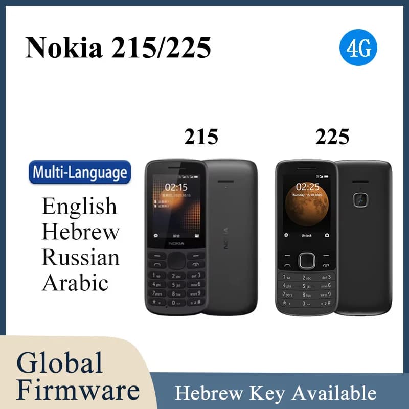 Nokia 215/225 4G Mobile Phone 2.4" Dual SIM Bluetooth FM Radio 1150mAh Long Standby Feature Push-button Hebrew Key used phone