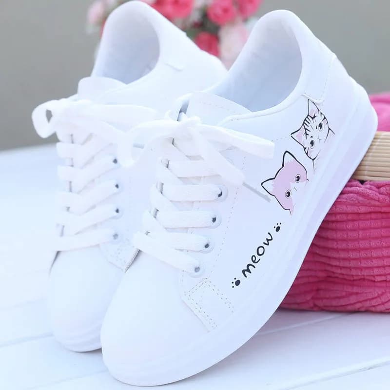 2022 New Arrival Fashion Lace-up Women Sneakers Women Casual Shoes Printed summer Women Pu Shoes Cute Cat Canvas Shoes
