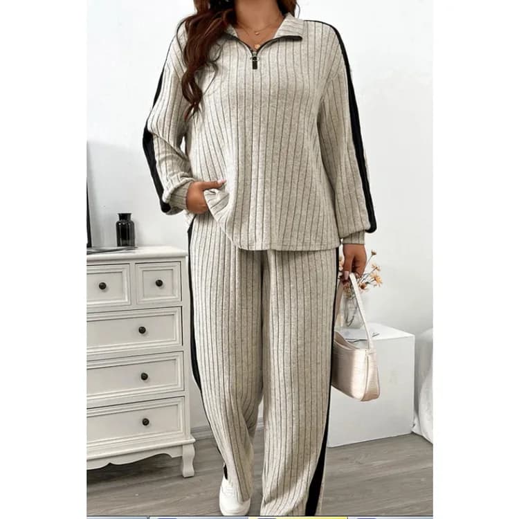 Women's Ribbed Sportswear Set V Neck Zipper Top Casual Loose Solid Color Autumn And Winter Women's 2-Piece Set Women's Clothing