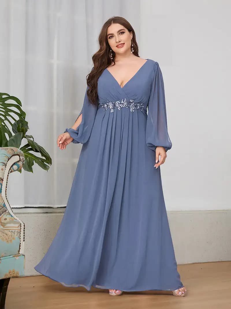 Plus size Evening Dresses V-Neck Long Sleeves A-LINE Floor-Length Gown 2025 ever pretty of Dusty Navy Bridesmaid dress Women