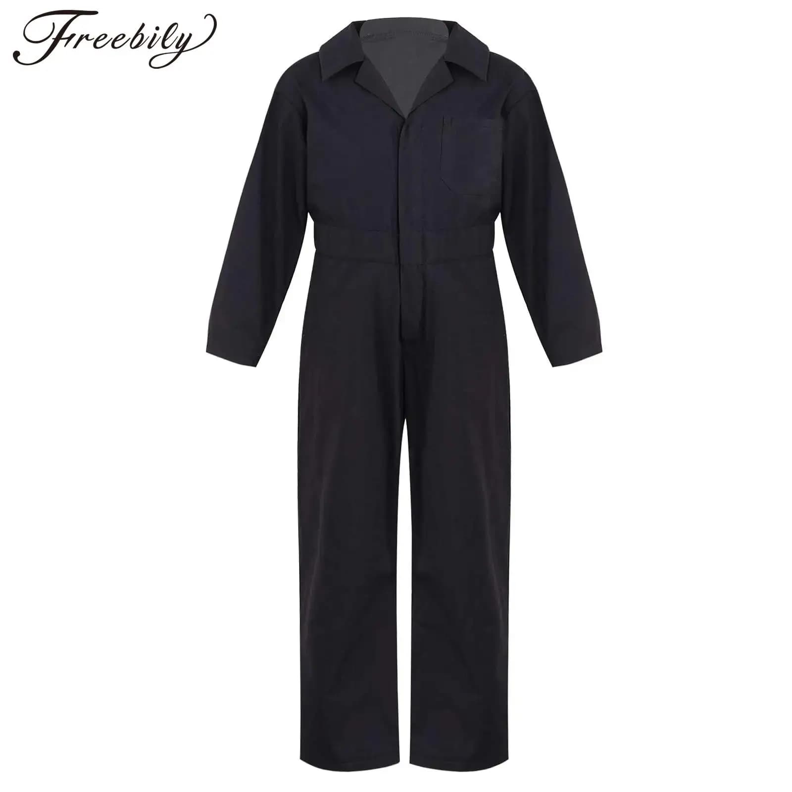 Kids Boys Mechanic Cargo Coverall Suit Casual Jumpsuit Long Sleeve Turndown Collar Bodysuit Streetwear Halloween Cosplay Costume