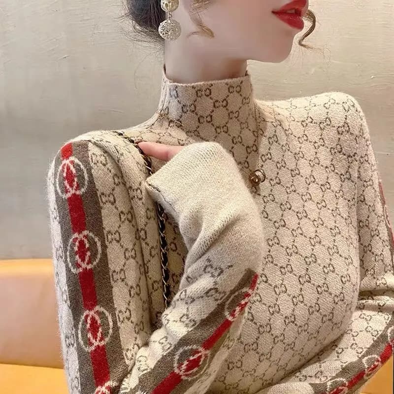 Women's Clothing Elegant Fashion Letter Knit Pullover Autumn All-match Slim Long Sleeve Half High Collar Pullovers Lady Chic Top
