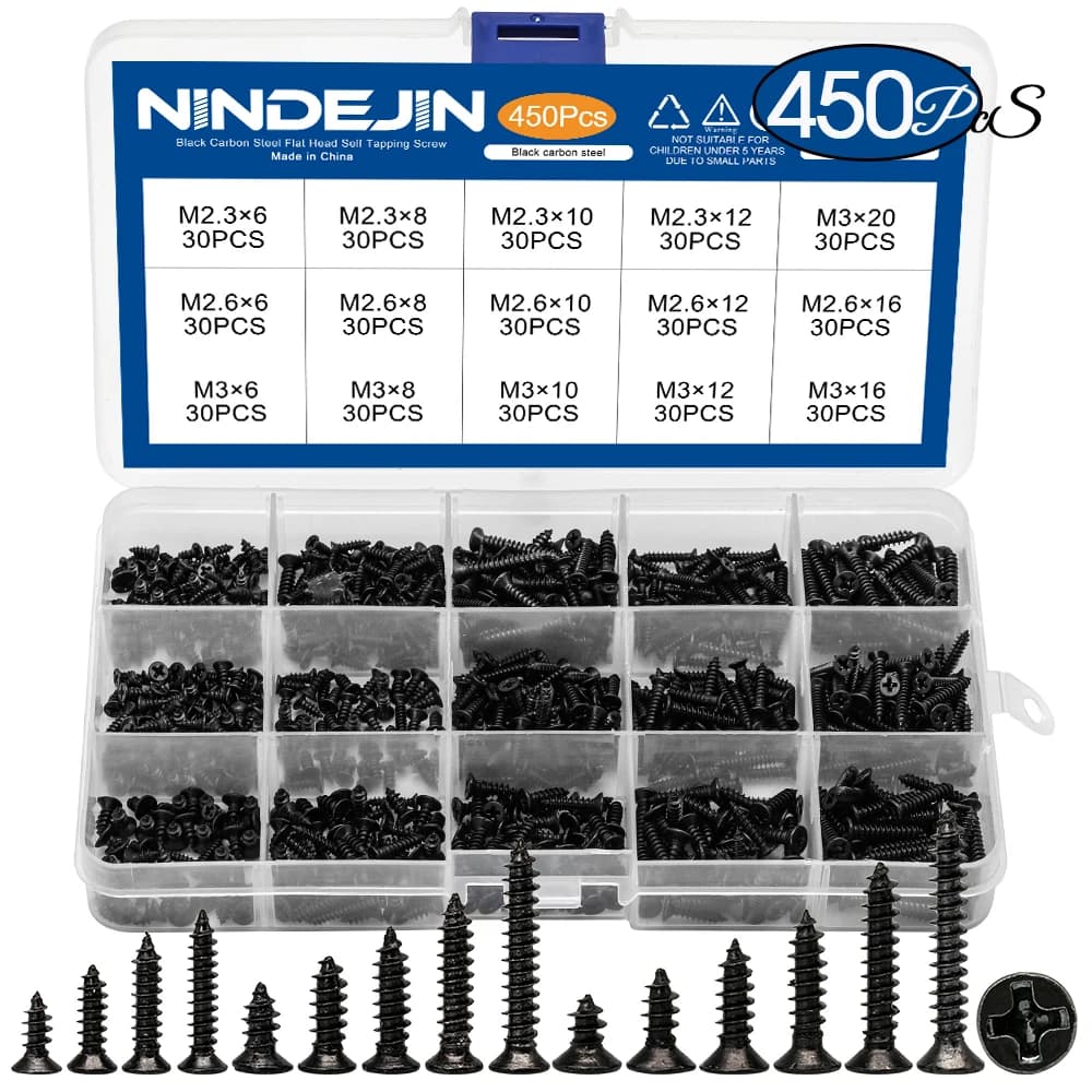450/1200pcs Cross Flat Head Tapping Screws Kit M1.2 M1.4 M1.5 M1.7 M2 M2.3 M2.6 M3 Carbon Steel Black Phillips Screws Set