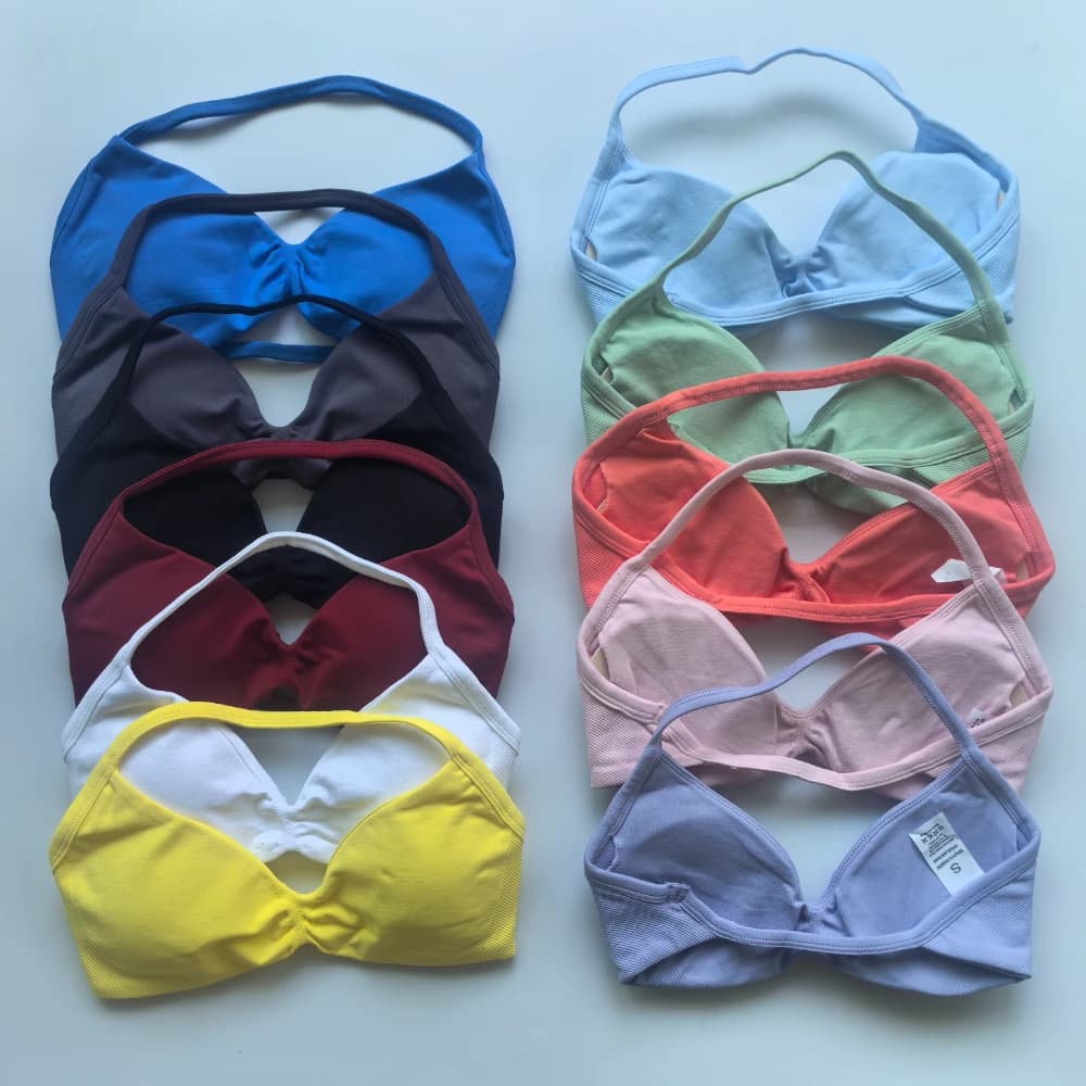 No Logo Sexy Strappy Bra For Women Backless Halter Yoga Bra Removable Cups Workout Clothing Gym Top Low Support Sports Bras