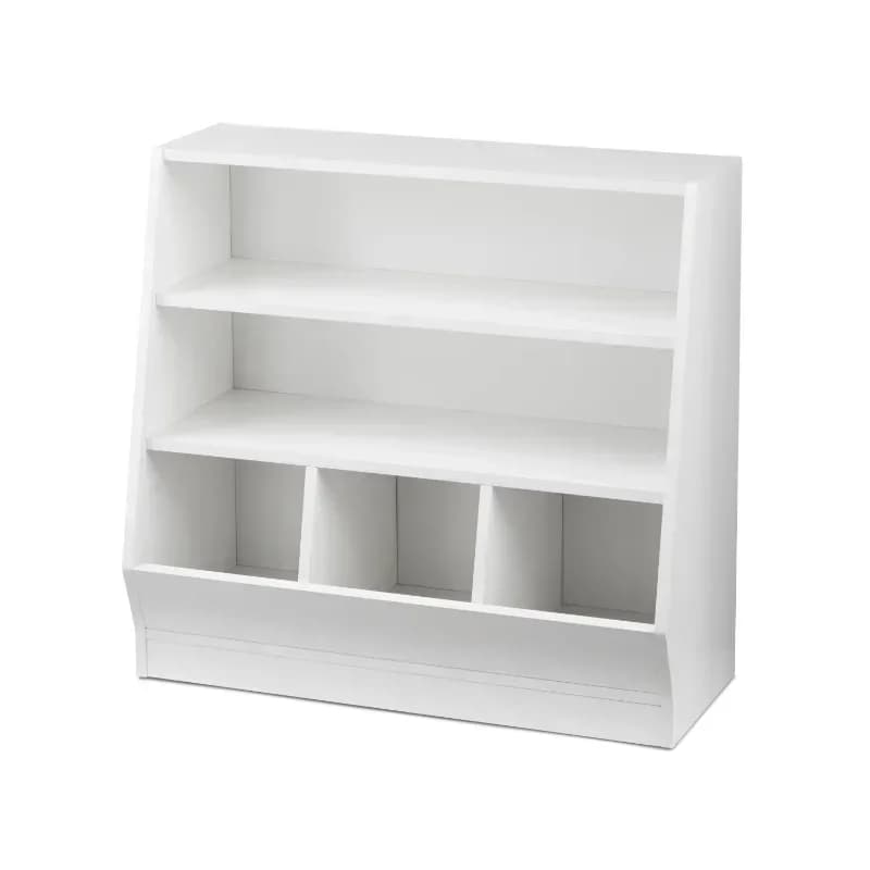Kids Bin Storage and Two Shelf Bookcase, White  Book Shelf for Kids