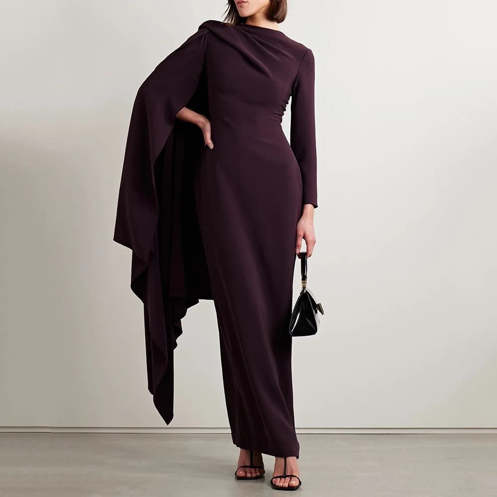 Plum Evening Dresses for Women 2025 O Neck Cloak Sleeve Column Evening Gowns Maxi Ankle Length Elegant Formal Party Dress