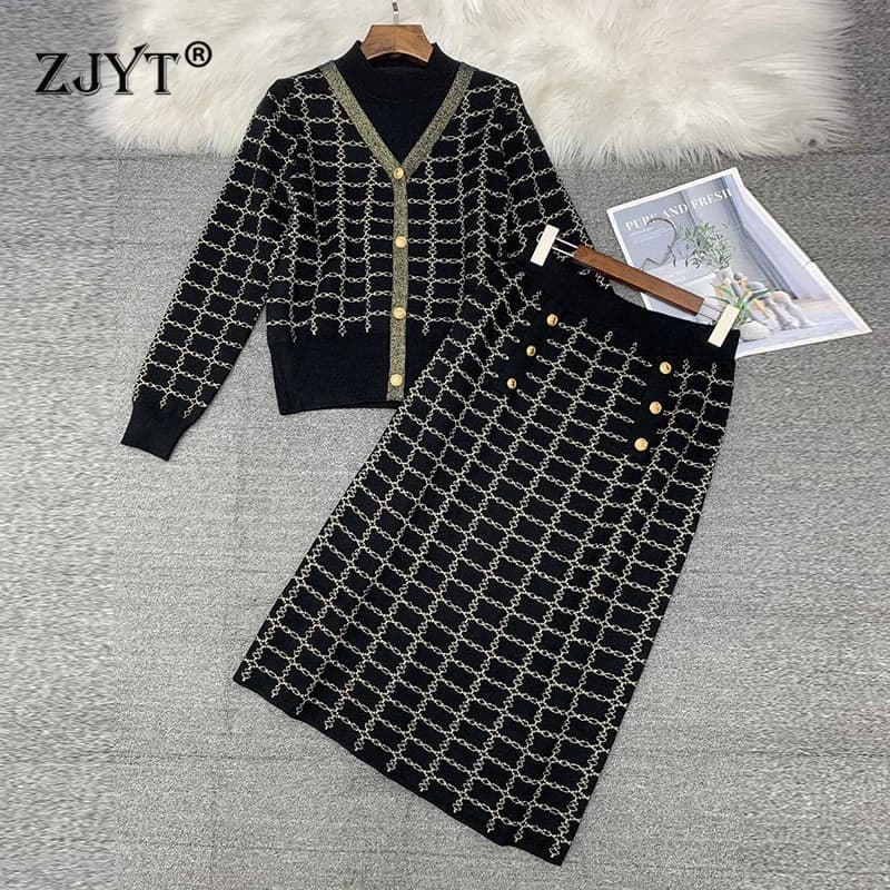 ZJYT Autumn Winter Geometric Patterns Knitted Sweater Skirt Sets Two Piece Womens Outfits Long Sleeve Vintage Dress Set Suits