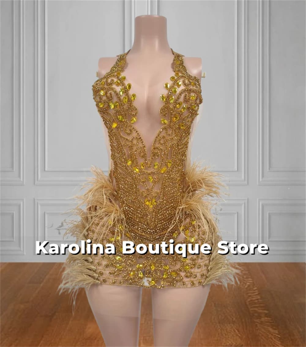 Exquisite Gold Feather Mini Cocktail Prom Dresses Black Girl Bead Crystal 2024 Birthday Luxury Dress Celebration Gown Customized