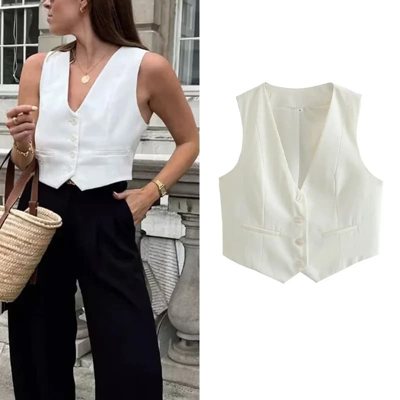 TRAF Short Women Vest Top V-Neck Sleeveless Button Lady Waistcoat New In 2024 Spring Summer Fashion Elegant Office Lady Top