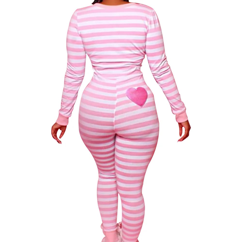 Women s V Neck Long Sleeve Print  Jumpsuit Ladies Sexy Drop Seat Bodysuit Lounge Pajamas Outfit