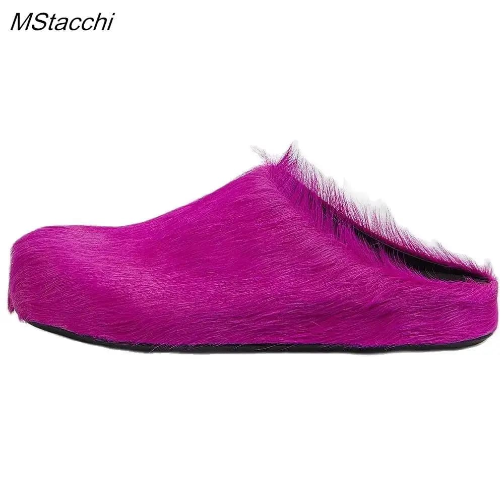Real Leather Fur Women Horsehair Half Slippers Luxury Designer Brand Mule Runway Flats Thick Sole Leisure Unisex Man Shoes 2024