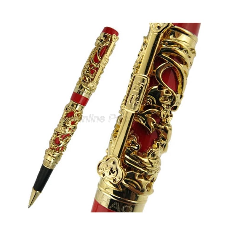 Jinhao Ancient Dragon Phoenix Rollerball Pen Metal Carving Embossing Heavy Pen Golden & Red For Professional Writing Pen JR002