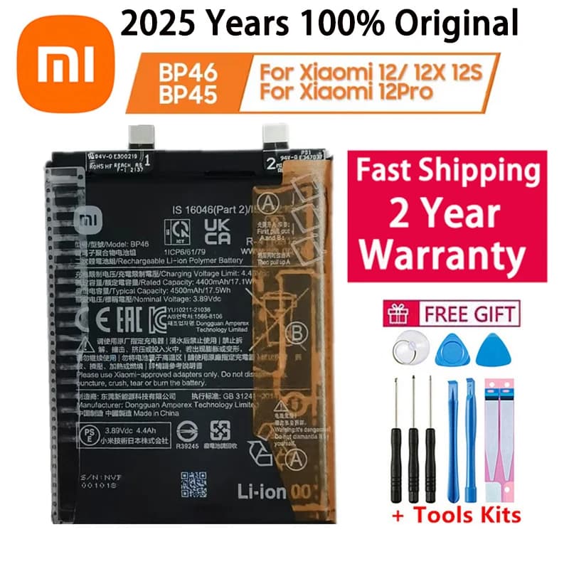 100% Original High Quality Phone Replacement Battery BP46 BP45 For Xiaomi Mi 12 / Mi 12X / Mi 12 Pro Batteries Bateria Fast Ship