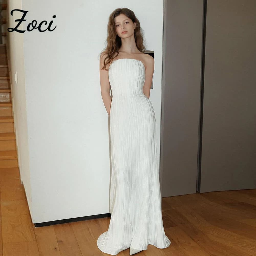 Zoci Luxury Strapless Wedding Dresses Sleeveless Pleats Satin Draped Korea Photos Shoot Dress Customized Backless Bridal Gown