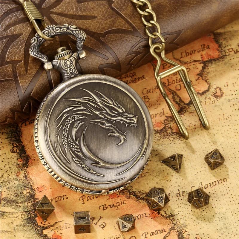 Engraved Dragon Totem Pattern Pocket Watch Case Pendant Chain 7Pcs Mini Polyhedral Metal Dice Set Entertainment Gaming Accessory