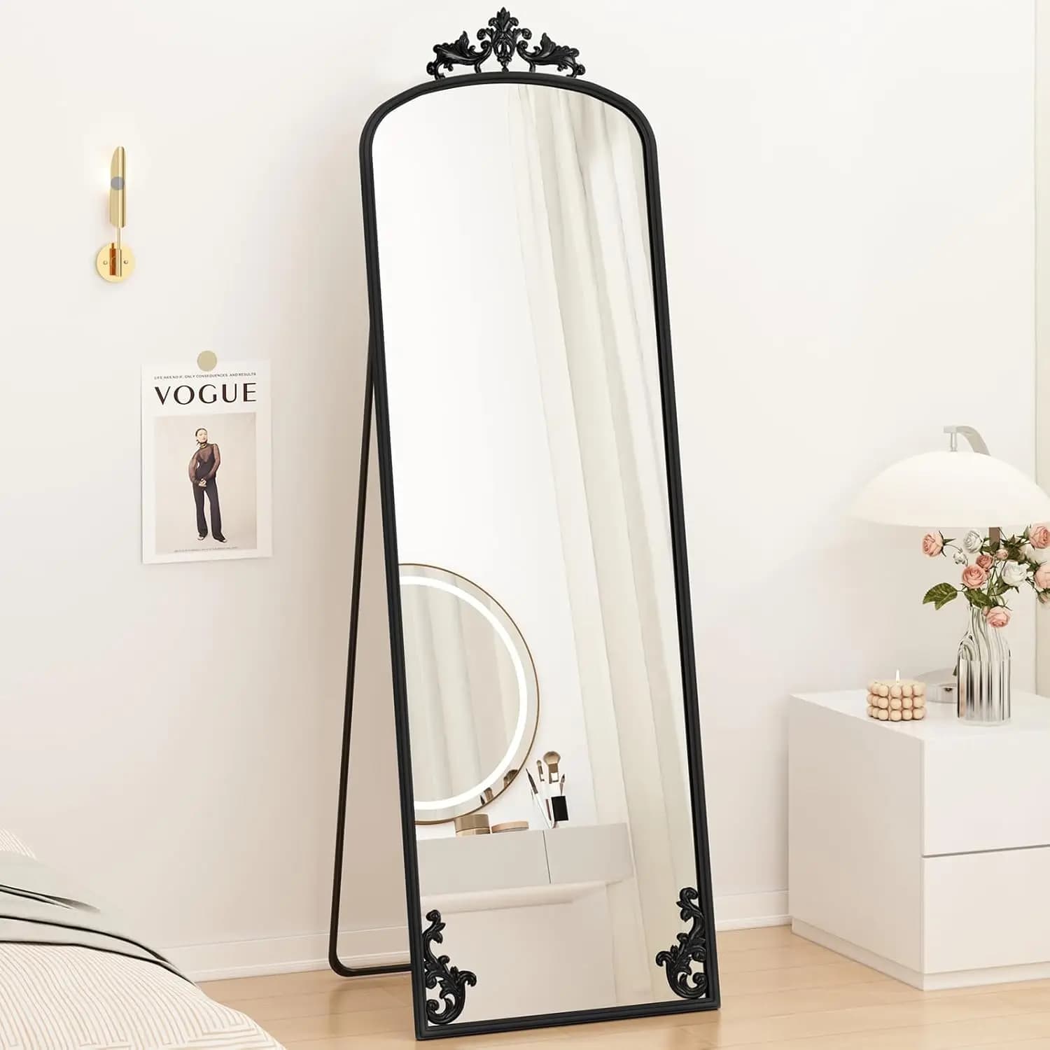 Mirror Full Length with Stand, 65" x 21" Black Floor Length Mirror with Carved Metal Frame, Full Body Wall Mirror for Home Decor